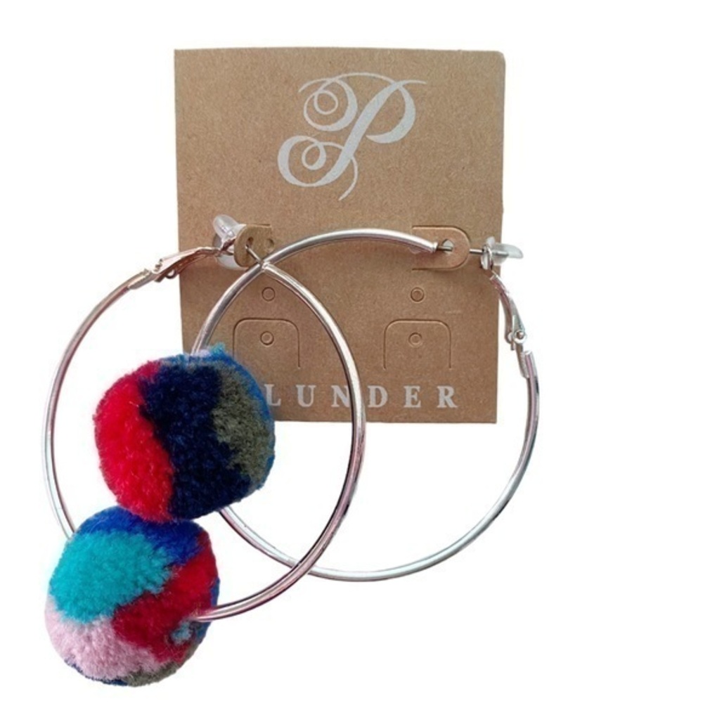 Plunder MacyLou Silver Hoop Earrings with Colorful Fuzzy Accents